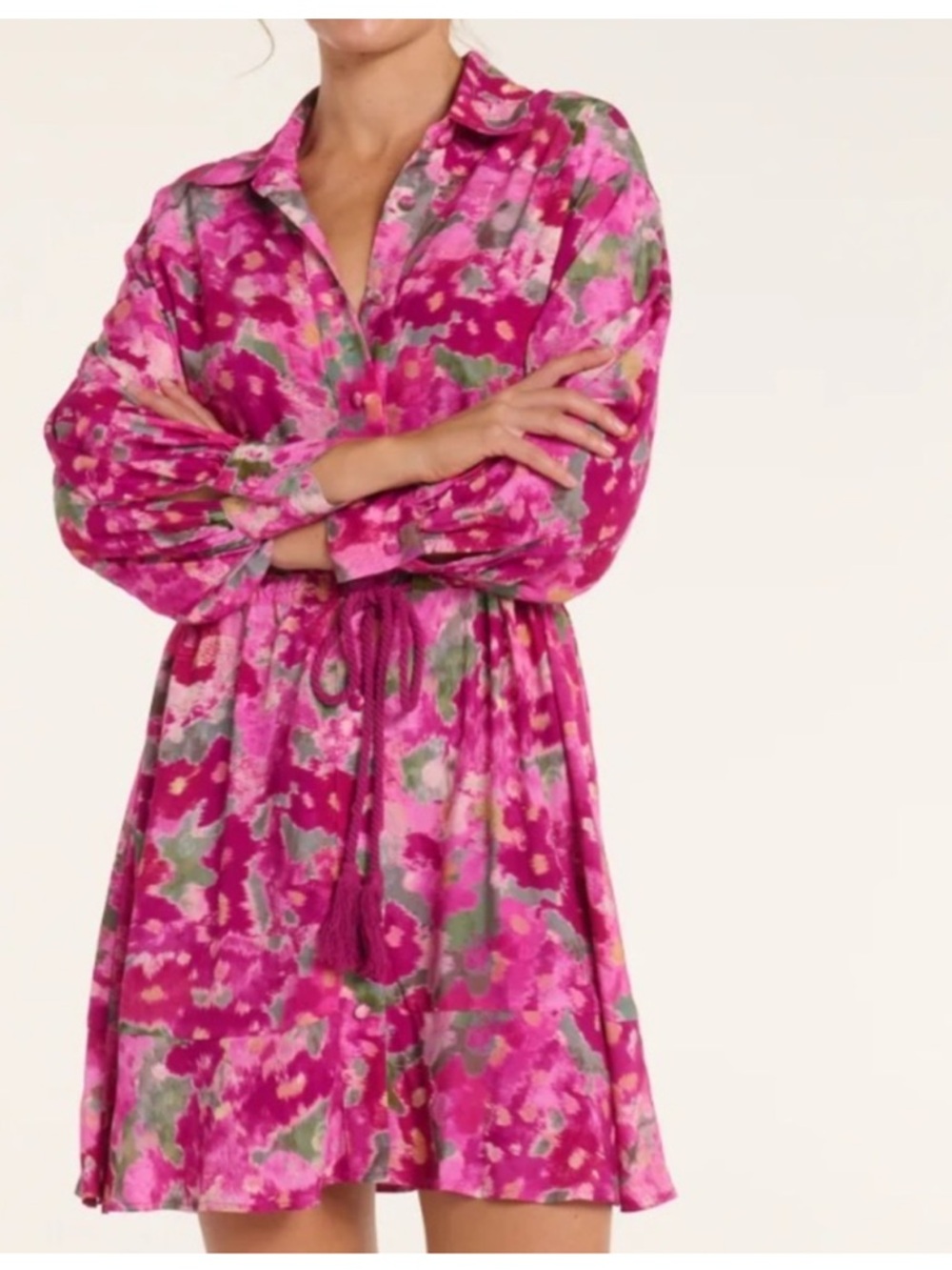 $238 Hermoza Rebecca Collared Tie Mini Dress in Pink Floral Ikat NWT